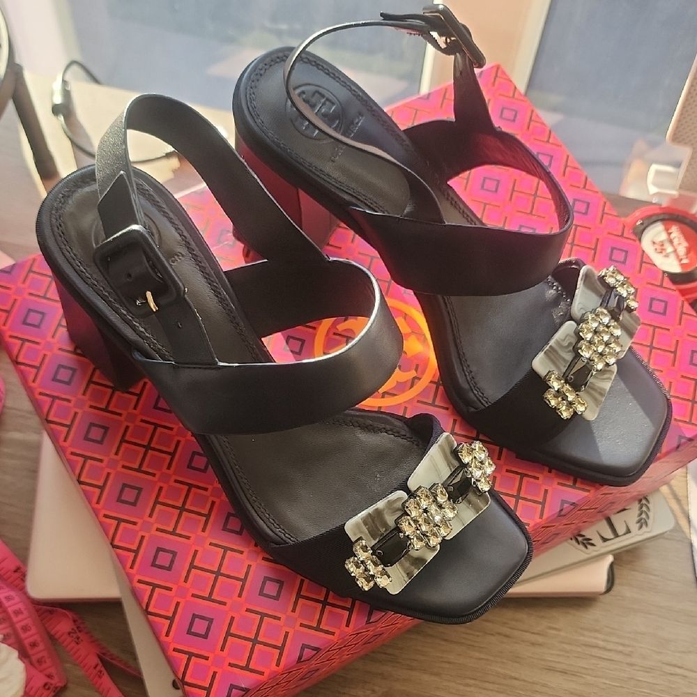 Tory Burch Black Sandals with Crystal Accents